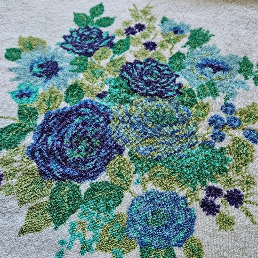 Vtg 70s Penneys Decorator Collection Blue Floral Cotton Fringe Hand Towel Retro